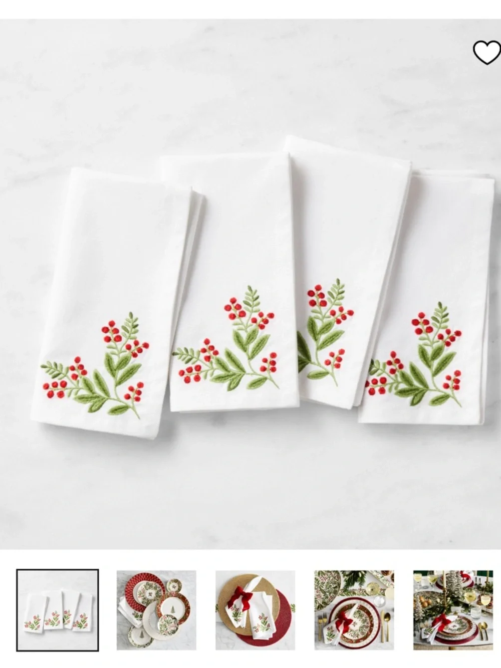 Williams Sonoma Noel Garland Embroidered Napkins‎ Set 4 White Christmas Holiday